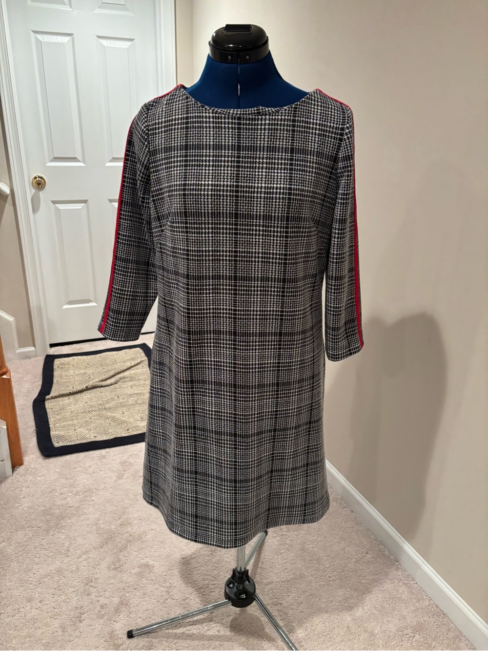 Women's Black & White Plaid Shift Dress with Red Side Stripe